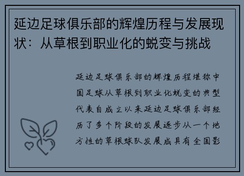 延边足球俱乐部的辉煌历程与发展现状：从草根到职业化的蜕变与挑战
