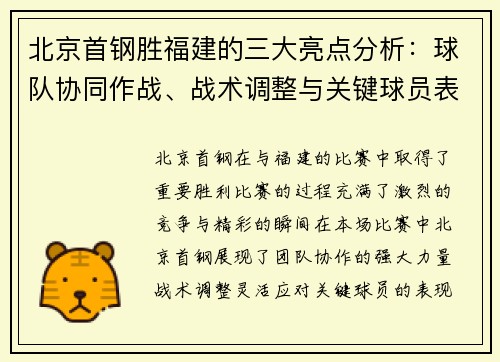 北京首钢胜福建的三大亮点分析：球队协同作战、战术调整与关键球员表现