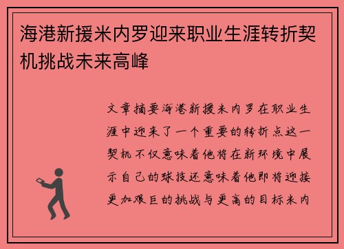 海港新援米内罗迎来职业生涯转折契机挑战未来高峰