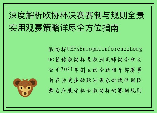 深度解析欧协杯决赛赛制与规则全景实用观赛策略详尽全方位指南