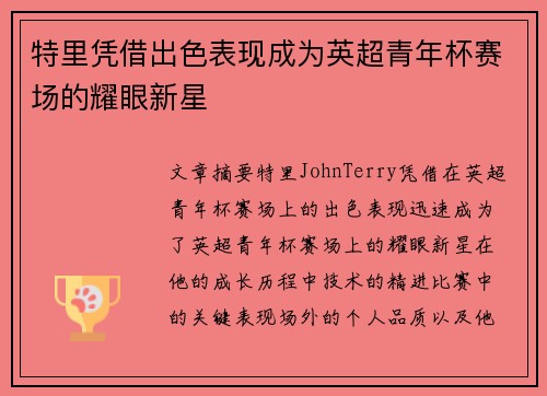 特里凭借出色表现成为英超青年杯赛场的耀眼新星